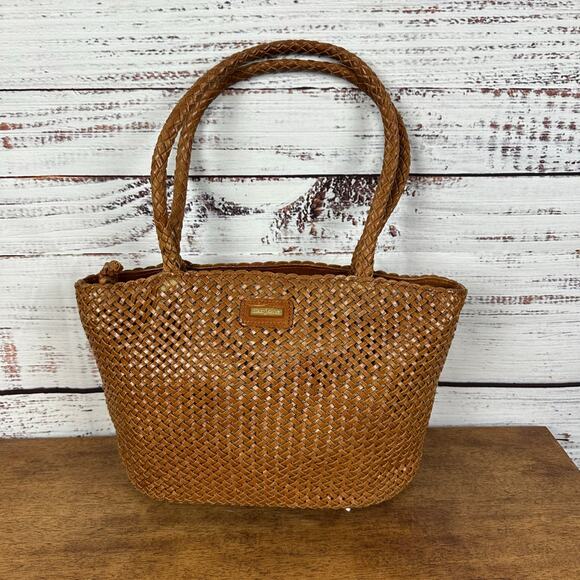 Eric Javits New York Tobacco Brown Woven Straw Leather Shoulder Handbag Purse - Picture 1 of 12
